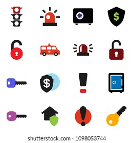 solid vector ixon set - dollar shield vector, safe, attention, traffic light, amkbulance car, unlock, key, sign, siren, home protect, password