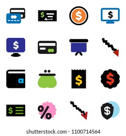solid vector ixon set - dollar coin vector, wallet, crisis, check, receipt, presentation board, medal, monitor, credit card, percent, shield