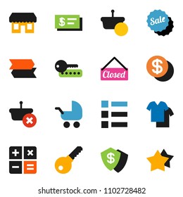 solid vector ixon set - dollar coin vector, sale, closed, store, basket, calculator, check, baby stroller, signpost, clothes, menu, shield, password, star