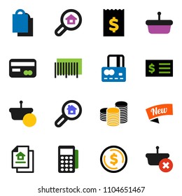 solid vector ixon set - dollar coin vector, credit card, stack, receipt, estate document, search, new, shopping bag, barcode, reader, basket