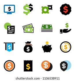 solid vector ixon set - dollar coin vector, money bag, piggy bank, investment, receipt, medal, flag, monitor, any currency, sign, cash, shield