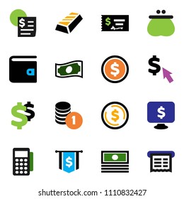 solid vector ixon set - dollar coin vector, gold ingot, wallet, cash, stack, check, flag, monitor, cursor, sign, receipt, card reader