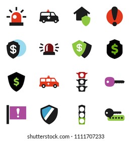 solid vector ixon set - dollar shield vector, attention, traffic light, amkbulance car, key, siren, home protect, password