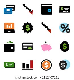 solid vector ixon set - dollar coin vector, graph, laptop, wallet, crisis, piggy bank, check, medal, shield, credit card, percent