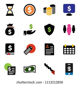 solid vector ixon set - dollar coin vector, cash, crisis, money bag, investment, stack, annual report, man, sand clock, personal information, shield, calendar, monitor, receipt, barcode, tap pay