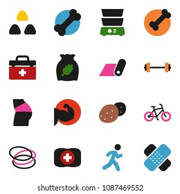 solid vector ixon set - double boiler vector, cereal, potato, barbell, bike, muscule hand, buttocks, fitness mat, first aid kit, bone, hoop, run, doctor bag, patch