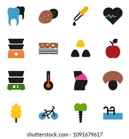 solid vector ixon set - double boiler vector, cereal, mushroom, potato, apple fruit, heart pulse, bike, buttocks, breads, thermometer, dropper, tooth, implant, pool