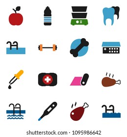 solid vector ixon set - double boiler vector, chicken leg, apple fruit, barbell, water bottle, fitness mat, pool, first aid kit, bone, thermometer, dropper, hospital building, tooth