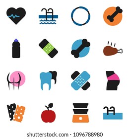 solid vector ixon set - double boiler vector, chicken leg, apple fruit, heart pulse, buttocks, water bottle, breads, pool, bone, hoop, patch, tooth