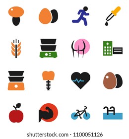 solid vector ixon set - double boiler vector, egg, mushroom, apple fruit, heart pulse, bike, muscule hand, buttocks, cereals, run, dropper, hospital building, tooth implant, pool
