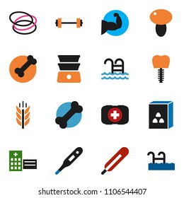 solid vector ixon set - double boiler vector, cereal, mushroom, barbell, muscule hand, cereals, pool, first aid kit, bone, hoop, thermometer, hospital building, tooth implant