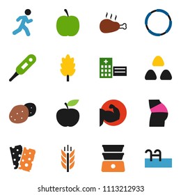 solid vector ixon set - double boiler vector, cereal, potato, chicken leg, diet, muscule hand, buttocks, cereals, breads, hoop, run, thermometer, hospital building, pool