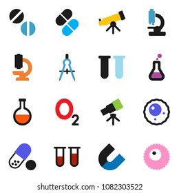solid vector ixon set - drawing compass vector, telescope, magnet, pills, oxygen, flask, vial, microscope, ovule