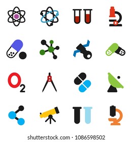 solid vector ixon set - drawing compass vector, atom, telescope, microscope, pills, molecule, oxygen, satellite, antenna, vial