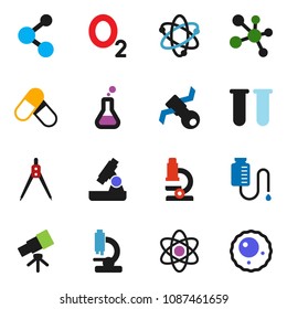 solid vector ixon set - drawing compass vector, atom, telescope, microscope, pills, molecule, oxygen, satellite, flask, vial, drop counter, ovule