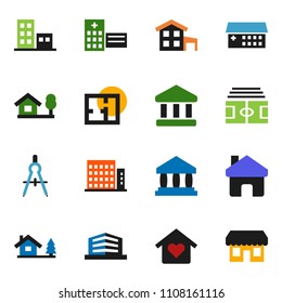 solid vector ixon set - drawing compass vector, bank, stadium, hospital building, home, cottage, chalet, plan, apartments, office, love, store