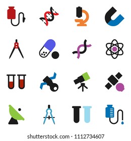 solid vector ixon set - drawing compass vector, atom, telescope, magnet, pills, satellite, antenna, vial, dna, microscope, drop counter