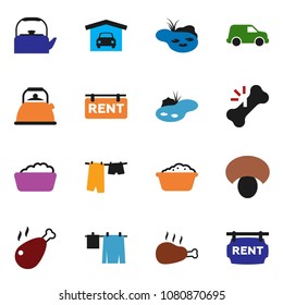 solid vector ixon set - drying clothes vector, foam basin, kettle, mushroom, chicken leg, car, broken bone, pond, garage, rent signboard