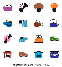 solid vector ixon set - drying clothes vector, foam basin, kettle, mushroom, chicken leg, car, broken bone, pond, garage, rent signboard