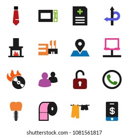 solid vector ixon set - drying clothes vector, toilet paper, microwave oven, tie, route, map pin, music hit, group, anamnesis, tooth implant, notebook network, fireplace, phone, mall, unlock