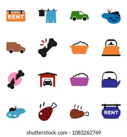 solid vector ixon set - drying clothes vector, foam basin, kettle, chicken leg, car, broken bone, pond, garage, rent signboard