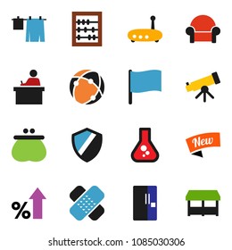 solid vector ixon set - drying clothes vector, student, telescope, abacus, flag, flask, percent growth, patch, connection, shield, router, cushioned furniture, fridge, wallet, new, market