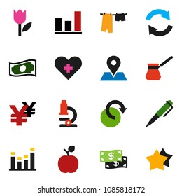 solid vector ixon set - drying clothes vector, turk coffee, apple fruit, pen, microscope, graph, cash, yen sign, map pin, tulip, equalizer, heart cross, refresh, redo, star