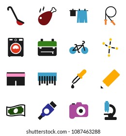 solid vector ixon set - drying clothes vector, washer, ladle, chicken leg, pencil, backpack, constellation, cash, bike, jump rope, shorts, barcode, camera, hdmi, dropper, microscope