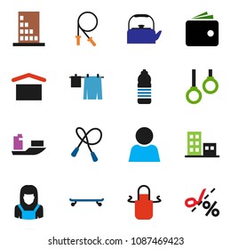 solid vector ixon set - drying clothes vector, cleaner woman, kettle, apron, wallet, jump rope, skateboard, water bottle, gymnast rings, ship, dry cargo, user, apartments, building, coupon