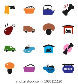 solid vector ixon set - drying clothes vector, foam basin, kettle, mushroom, chicken leg, car, broken bone, pond, garage, rent signboard