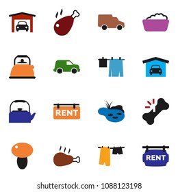 solid vector ixon set - drying clothes vector, foam basin, kettle, mushroom, chicken leg, car, broken bone, pond, garage, rent signboard