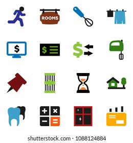 solid vector ixon set - drying clothes vector, shining window, whisk, mixer, pasta, paper pin, exchange, receipt, sand clock, monitor dollar, run, tooth, chalet, rooms signboard, calculator, mail