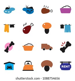 solid vector ixon set - drying clothes vector, foam basin, kettle, mushroom, chicken leg, car, broken bone, pond, garage, rent signboard