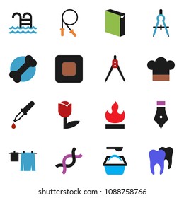 solid vector ixon set - drying clothes vector, washing powder, cook hat, pen, drawing compass, jump rope, pool, bone, tulip, flammable, stop button, dna, dropper, tooth