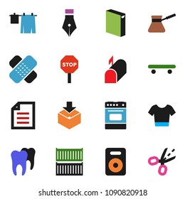 solid vector ixon set - drying clothes vector, washing powder, turk coffee, oven, pen, document, t shirt, skateboard, sea container, package, speaker, patch, tooth, stop, mailbox, coupon