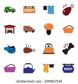 solid vector ixon set - drying clothes vector, foam basin, kettle, mushroom, chicken leg, car, broken bone, pond, garage, rent signboard
