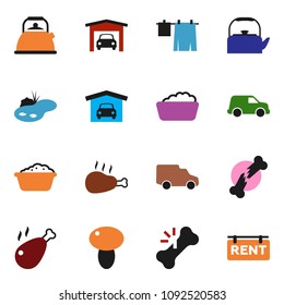 solid vector ixon set - drying clothes vector, foam basin, kettle, mushroom, chicken leg, car, broken bone, pond, garage, rent signboard