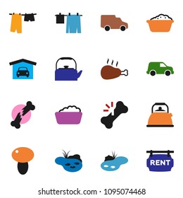 solid vector ixon set - drying clothes vector, foam basin, kettle, mushroom, chicken leg, car, broken bone, pond, garage, rent signboard
