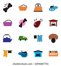 solid vector ixon set - drying clothes vector, foam basin, kettle, mushroom, chicken leg, car, broken bone, pond, garage, rent signboard