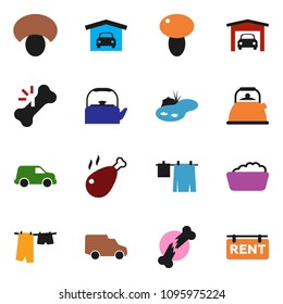 solid vector ixon set - drying clothes vector, foam basin, kettle, mushroom, chicken leg, car, broken bone, pond, garage, rent signboard
