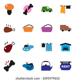 solid vector ixon set - drying clothes vector, foam basin, kettle, mushroom, chicken leg, car, broken bone, pond, garage, rent signboard