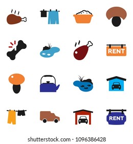 solid vector ixon set - drying clothes vector, foam basin, kettle, mushroom, chicken leg, car, broken bone, pond, garage, rent signboard
