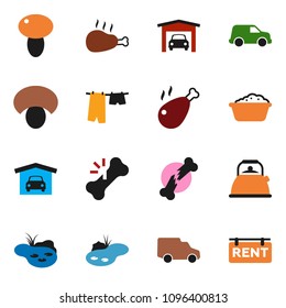 solid vector ixon set - drying clothes vector, foam basin, kettle, mushroom, chicken leg, car, broken bone, pond, garage, rent signboard