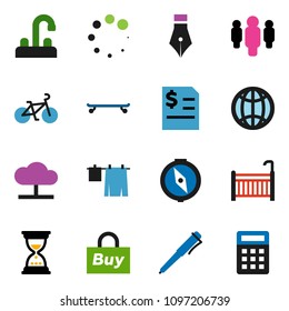 solid vector ixon set - drying clothes vector, water tap, pen, compass, annual report, man, sand clock, bike, skateboard, cloud network, loading, globe, crib, buy, calculator