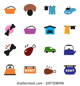 solid vector ixon set - drying clothes vector, foam basin, kettle, mushroom, chicken leg, car, broken bone, pond, garage, rent signboard
