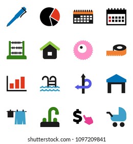 solid vector ixon set - drying clothes vector, water tap, pen, abacus, graph, pie, calendar, dollar cursor, measuring, pool, route, warehouse, ovule, home, baby stroller