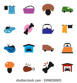 solid vector ixon set - drying clothes vector, foam basin, kettle, mushroom, chicken leg, car, broken bone, pond, garage