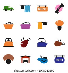 solid vector ixon set - drying clothes vector, foam basin, kettle, mushroom, chicken leg, car, broken bone, pond, garage, rent signboard