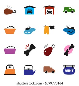 solid vector ixon set - drying clothes vector, foam basin, kettle, chicken leg, car, broken bone, pond, garage, rent signboard