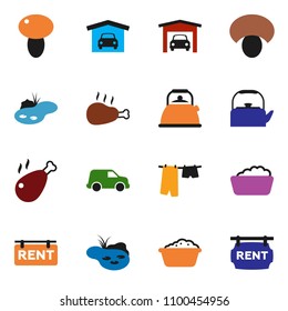solid vector ixon set - drying clothes vector, foam basin, kettle, mushroom, chicken leg, car, pond, garage, rent signboard
